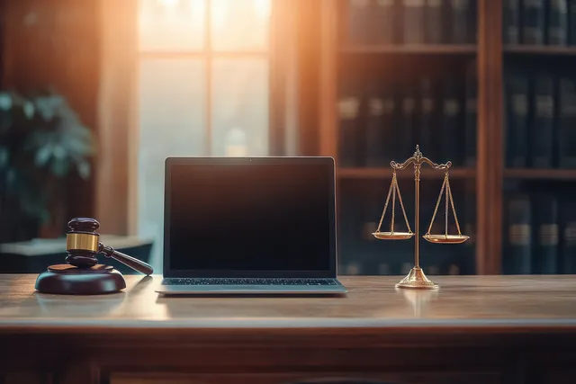 Gavel, closed laptop, and golden balance scale sit on a wooden desk inside a law library lit by warm window sunlight.