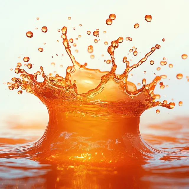 Orange liquid splash bursts upward, forming droplets, ripples, and a crown shape on a smooth surface