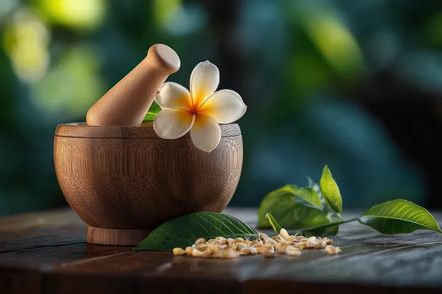 Wooden mortar and pestle with a plumeria flower, green leaves, and scattered seeds on a rustic tabletop.