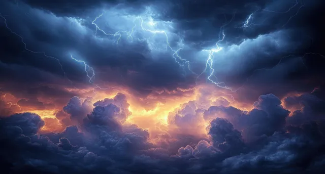 Lightning bolts flash across dark storm clouds above a dusk landscape horizon.