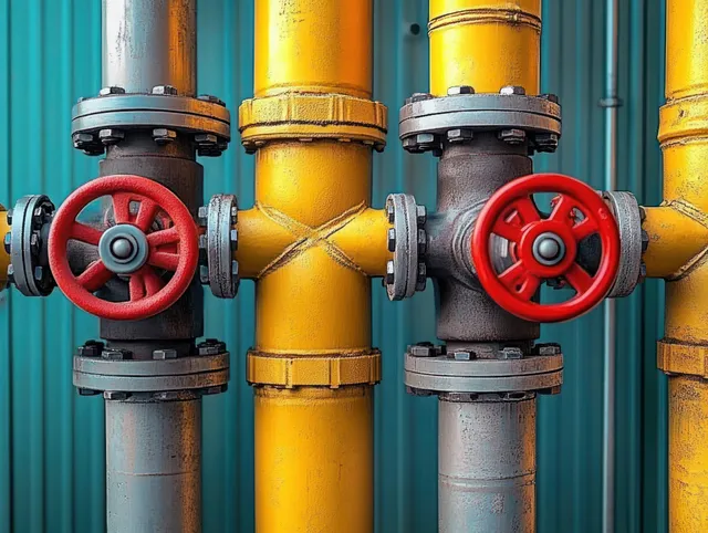 Yellow and grey industrial pipes with red valve handwheels and bolted flanges against a blue corrugated metal background.