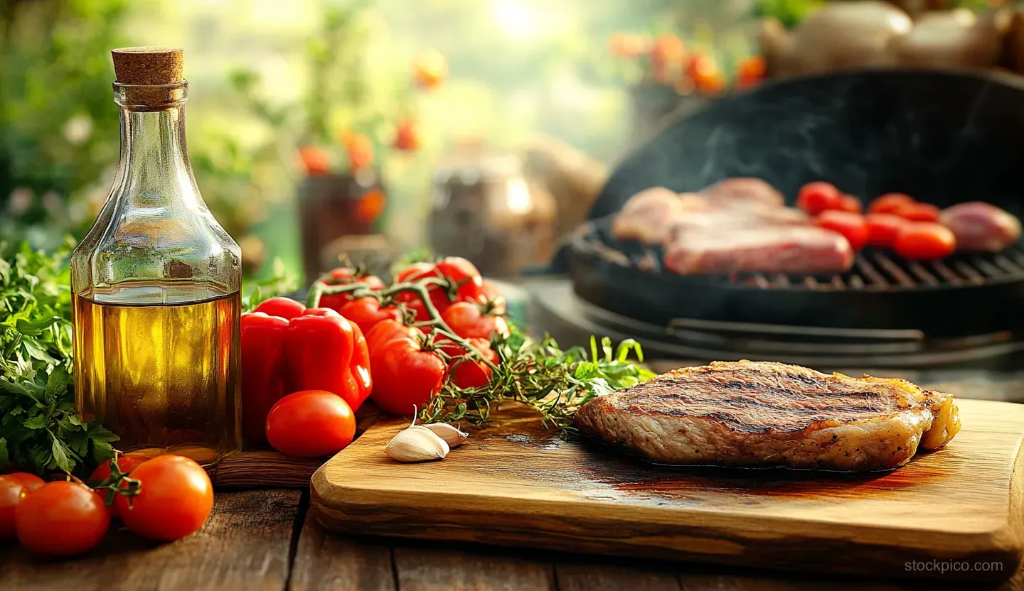 Grilled steak on a wooden cutting board with tomatoes, red bell peppers, herbs, garlic, and olive oil, with a smoky grill behind.