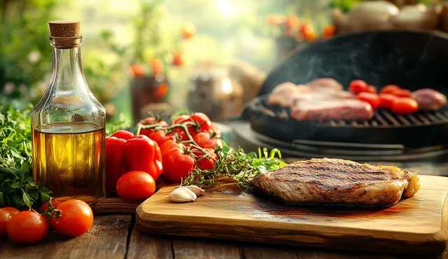 Grilled steak resting on a wooden board beside tomatoes, peppers, herbs, and olive oil