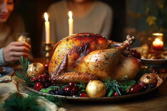 Roasted turkey on a platter at a candlelit Thanksgiving dinner table with friends seated nearby.