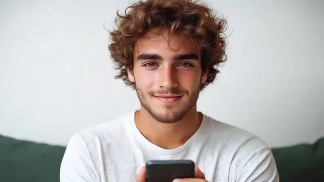 Young man holding a smartphone and looking at the screen in a minimalist studio with a white background.