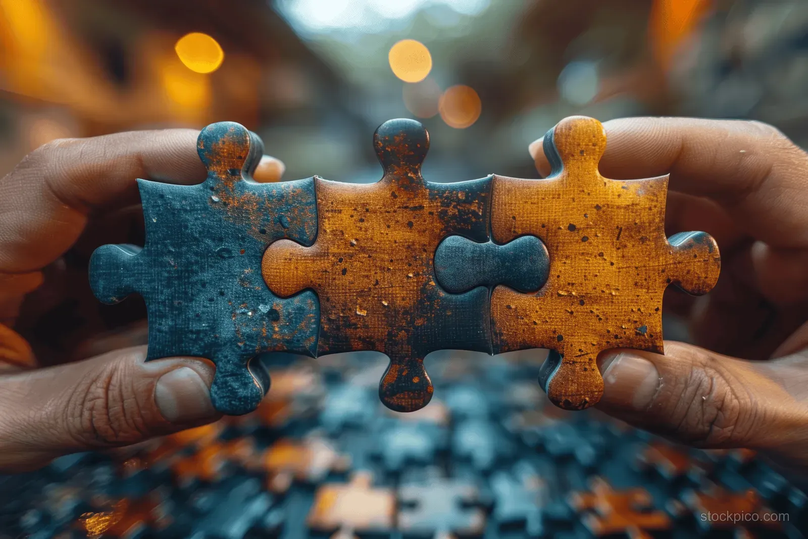 Two hands hold interlocking blue and gold jigsaw puzzle pieces above an office-style blurred background.