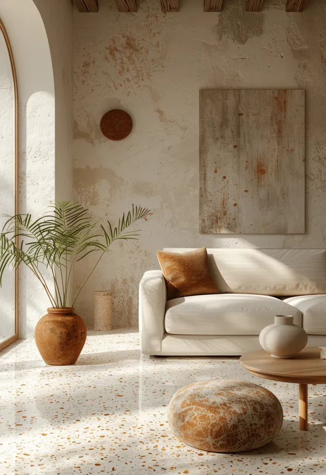 Minimal living room interior with white sofa, terracotta accents, plant near an arched window, and soft light on terrazzo floor.