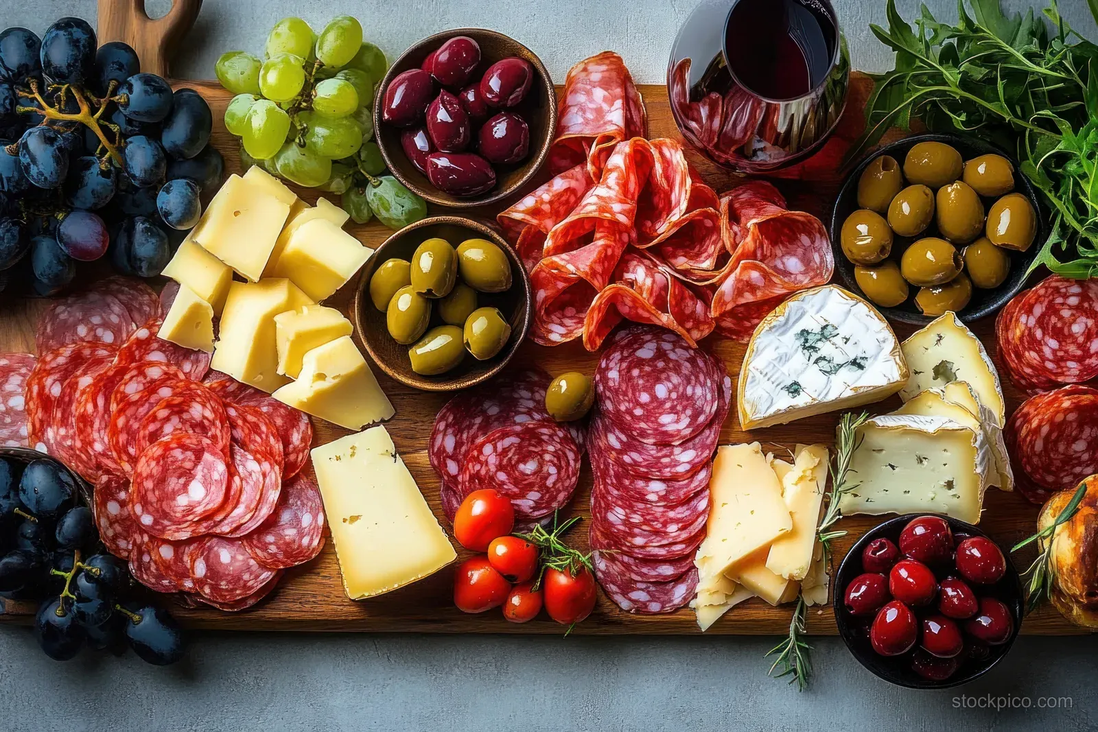 Rustic charcuterie board with sliced salami, assorted cheeses, olives, grapes, herbs, and red wine on a table.