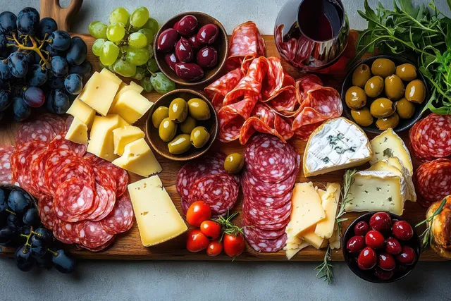 Rustic charcuterie board with sliced salami, assorted cheeses, olives, grapes, herbs, and red wine on a table.