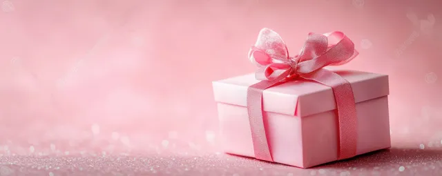 Pink gift box with ribbon bow set on a soft pink table in a pastel flat lay.