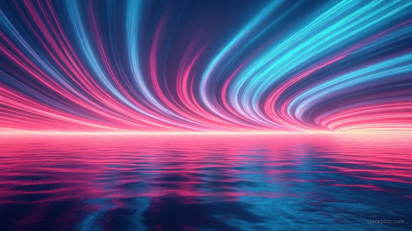 Blue and pink neon light streaks swirl above a dark wet asphalt road with reflective puddles at night.