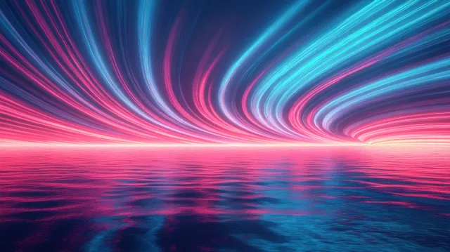 Neon light swirls over wet asphalt road, glowing blue and pink streaks at night