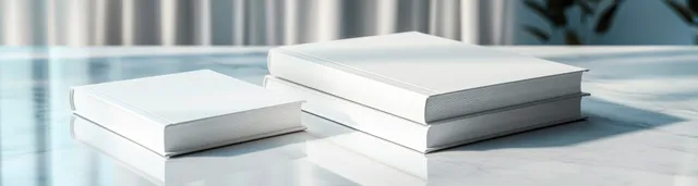Stacked blank white hardcover books on a pale marble surface with soft natural daylight shadows.