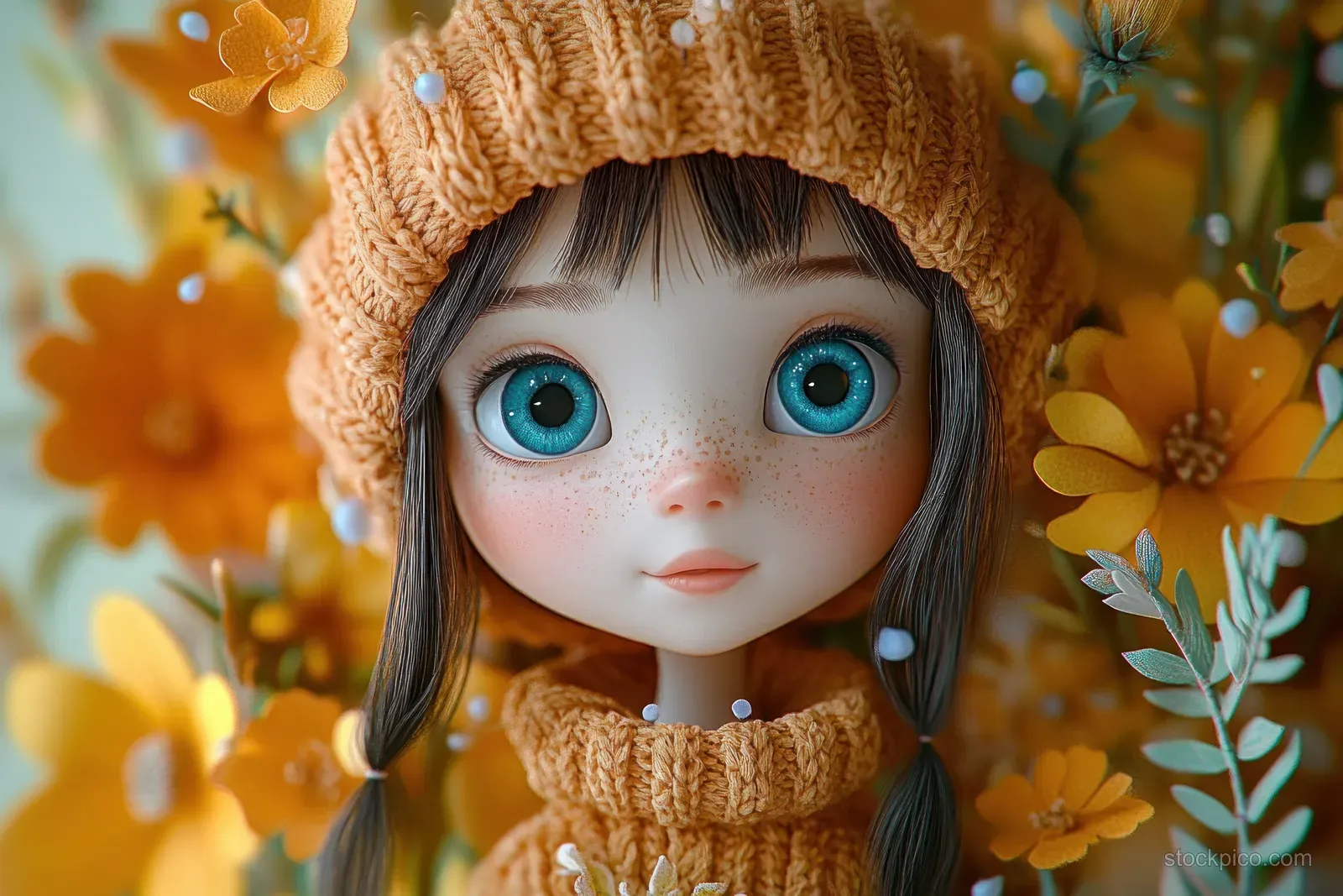 A freckled doll with bright blue eyes wears an orange knit hat and sweater while yellow flowers surround its face.