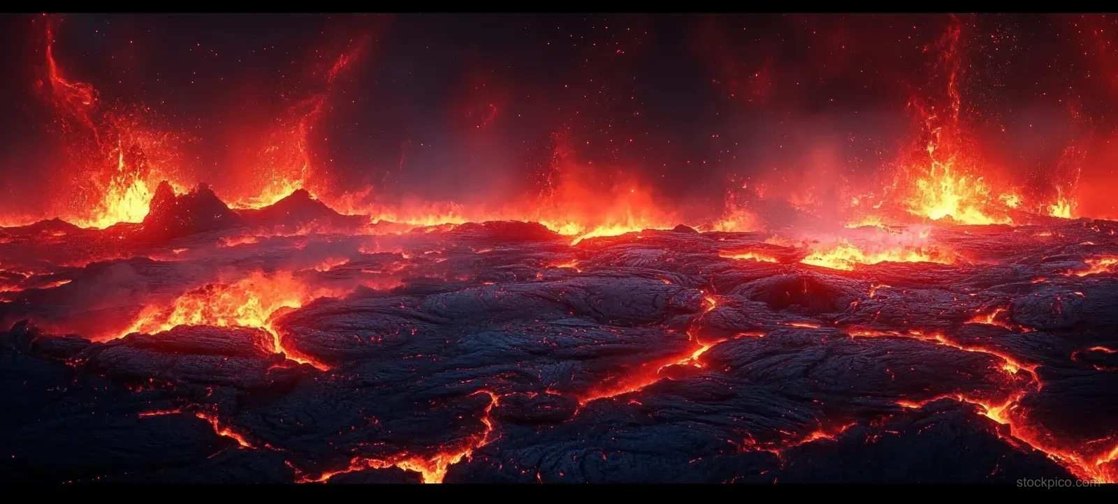 Erupting volcano in a dark landscape with glowing lava fissures across cracked ground and billowing smoke.