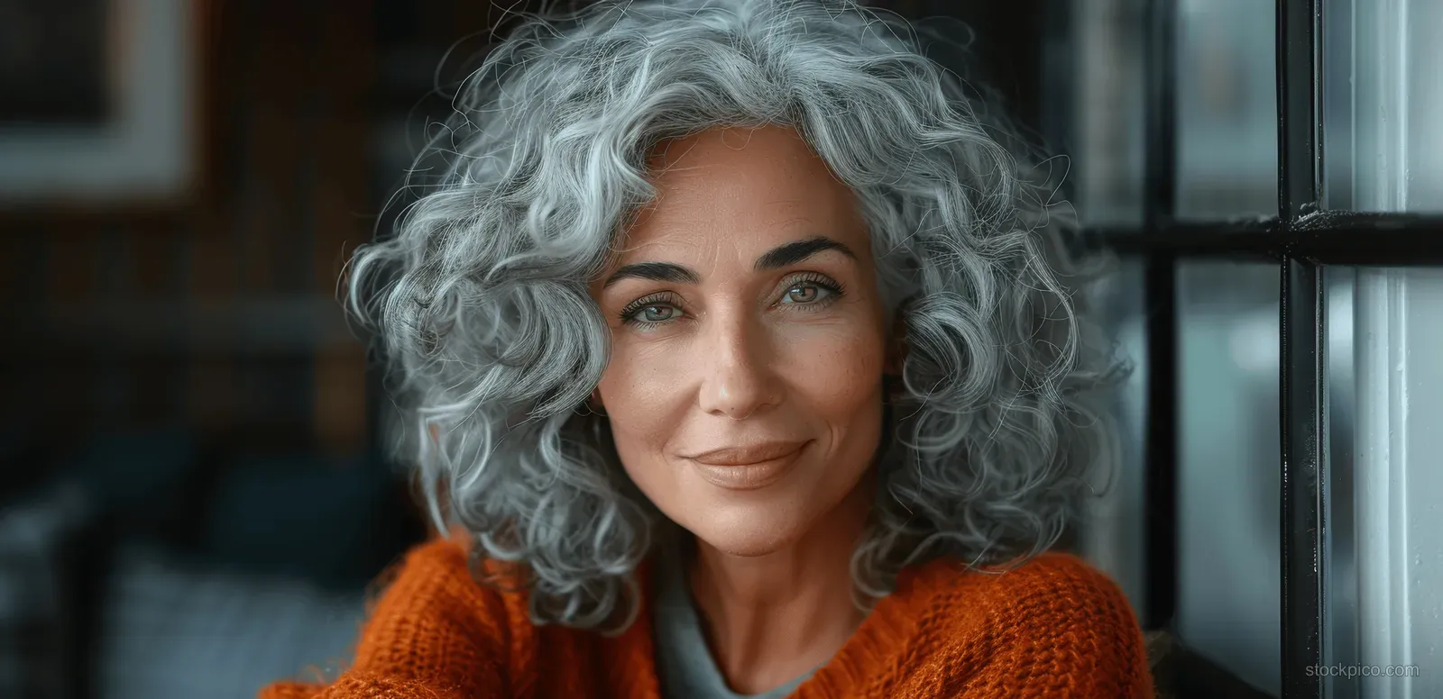 Smiling senior woman with curly gray hair in warm indoor window light.