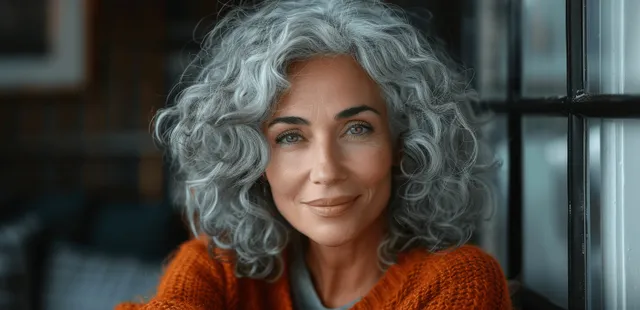 Smiling senior woman with curly gray hair in warm window light, skincare portrait