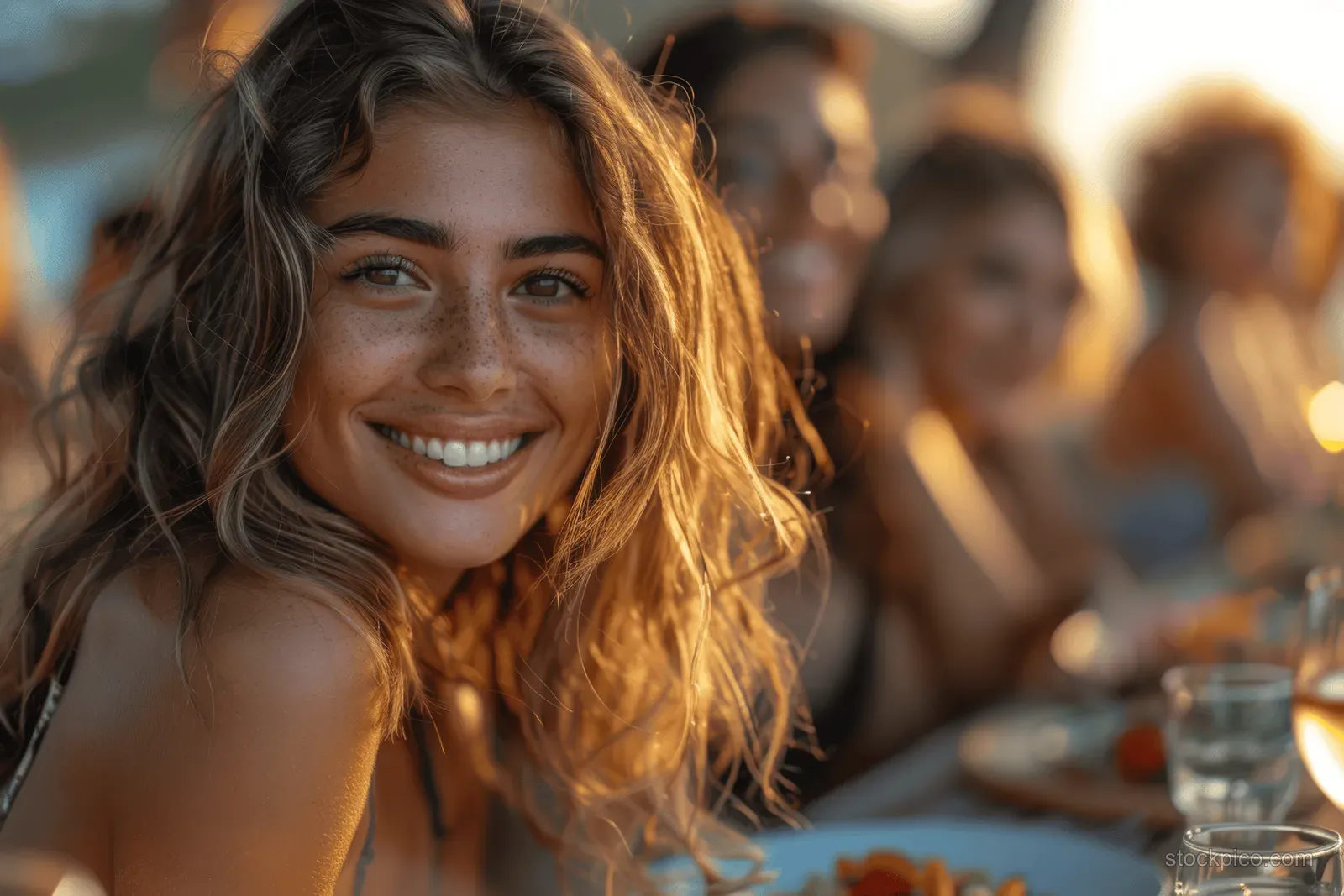 Young woman with wavy hair and freckles smiles in warm sunset light while friends dine outdoors behind her.