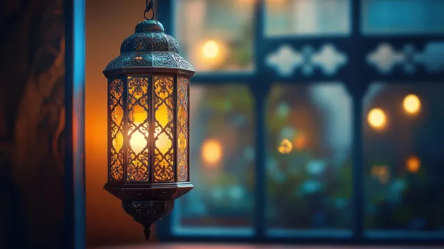 Ornate hanging lantern glowing warmly beside a window with blurred colorful evening bokeh in the background.