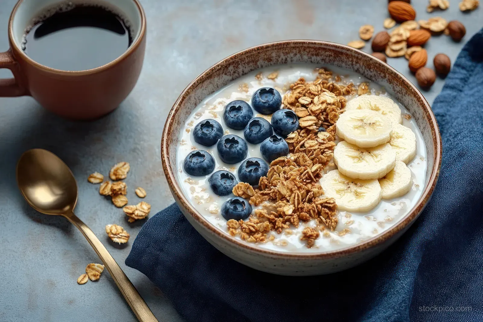 A creamy granola bowl with blueberries and banana slices sits on blue cloth beside a cup of black coffee with scattered oats.