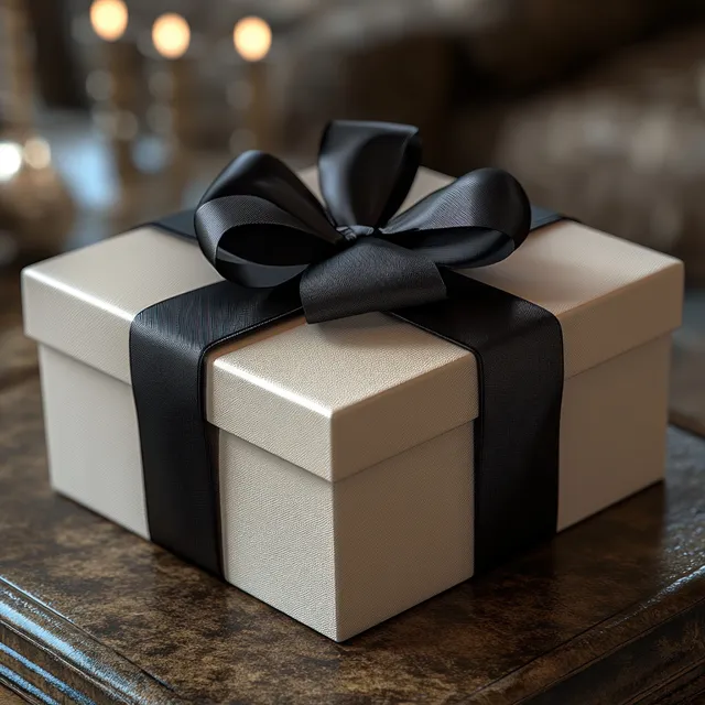 Two stacked gift boxes with a glossy black ribbon on a wooden surface with soft blurred lights.
