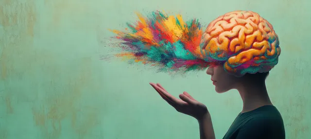Surreal scene of a woman holding a glowing brain above her head with colorful explosion-like paint behind her.
