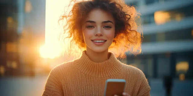 Smiling young woman holding a smartphone outdoors with golden hour city lights behind