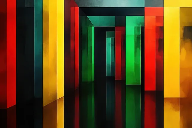 Symmetrical geometric interior with colorful vertical pillars and glossy black floor reflections