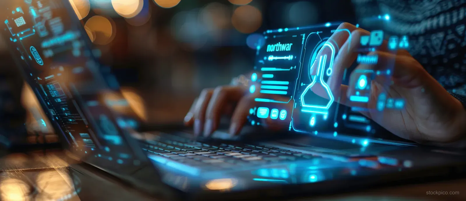 Hands type on a laptop while a blue holographic AI customer support interface glows above the desk.