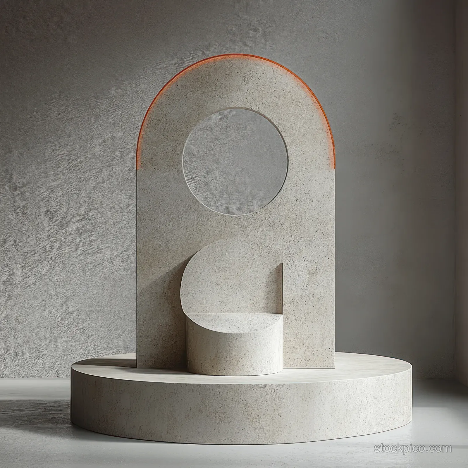 Concrete arch podium and circular pedestal display with soft warm lighting on a round base.