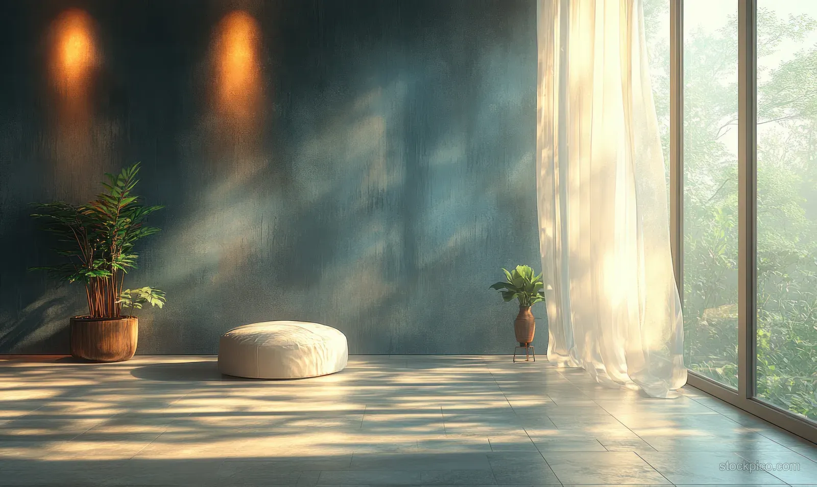 Minimalist living room corner with dark wall, sheer curtains, a small plant, and warm light near the window.
