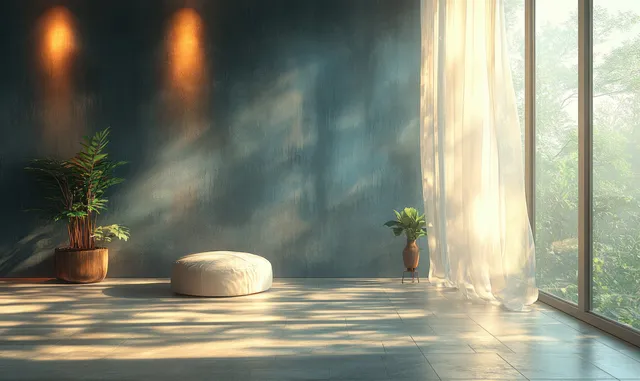 Minimalist living room corner with dark wall, sheer curtains, a small plant, and warm light near the window.