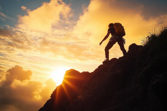 Silhouette of a climber scrambling up a rocky ridge during sunset under golden clouds.