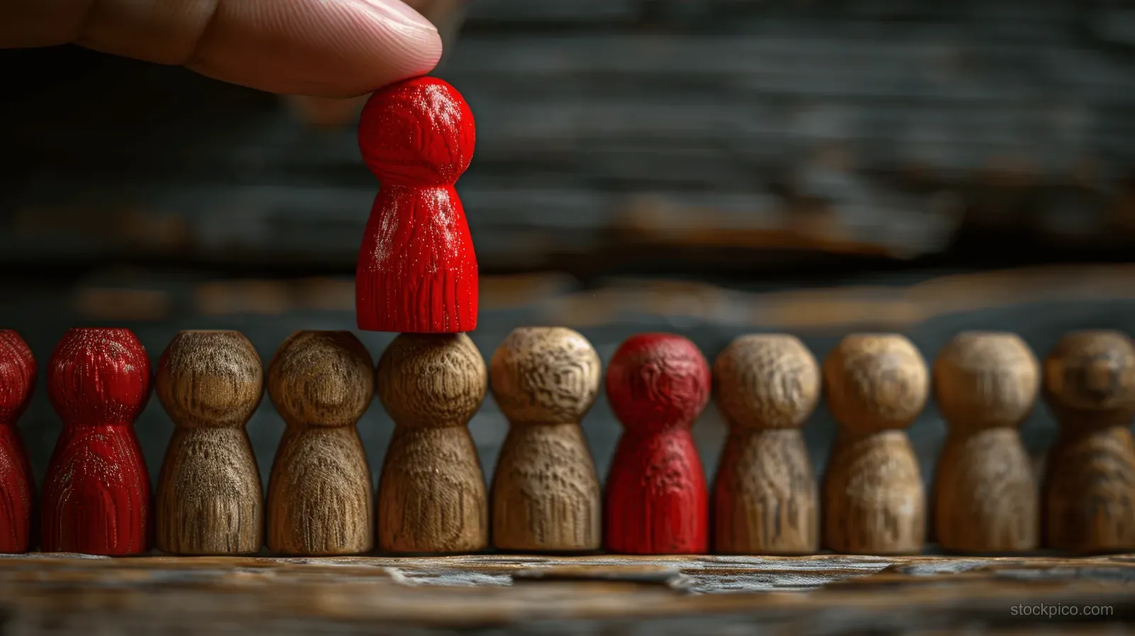 A hand places a red wooden figure on wooden block steps among other figures.