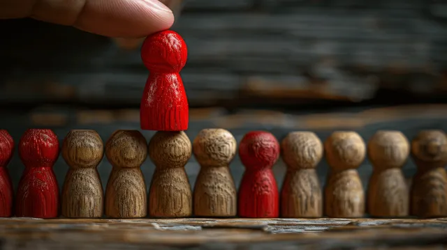Hand placing red wooden figure on block stairs symbolizing career leadership progress