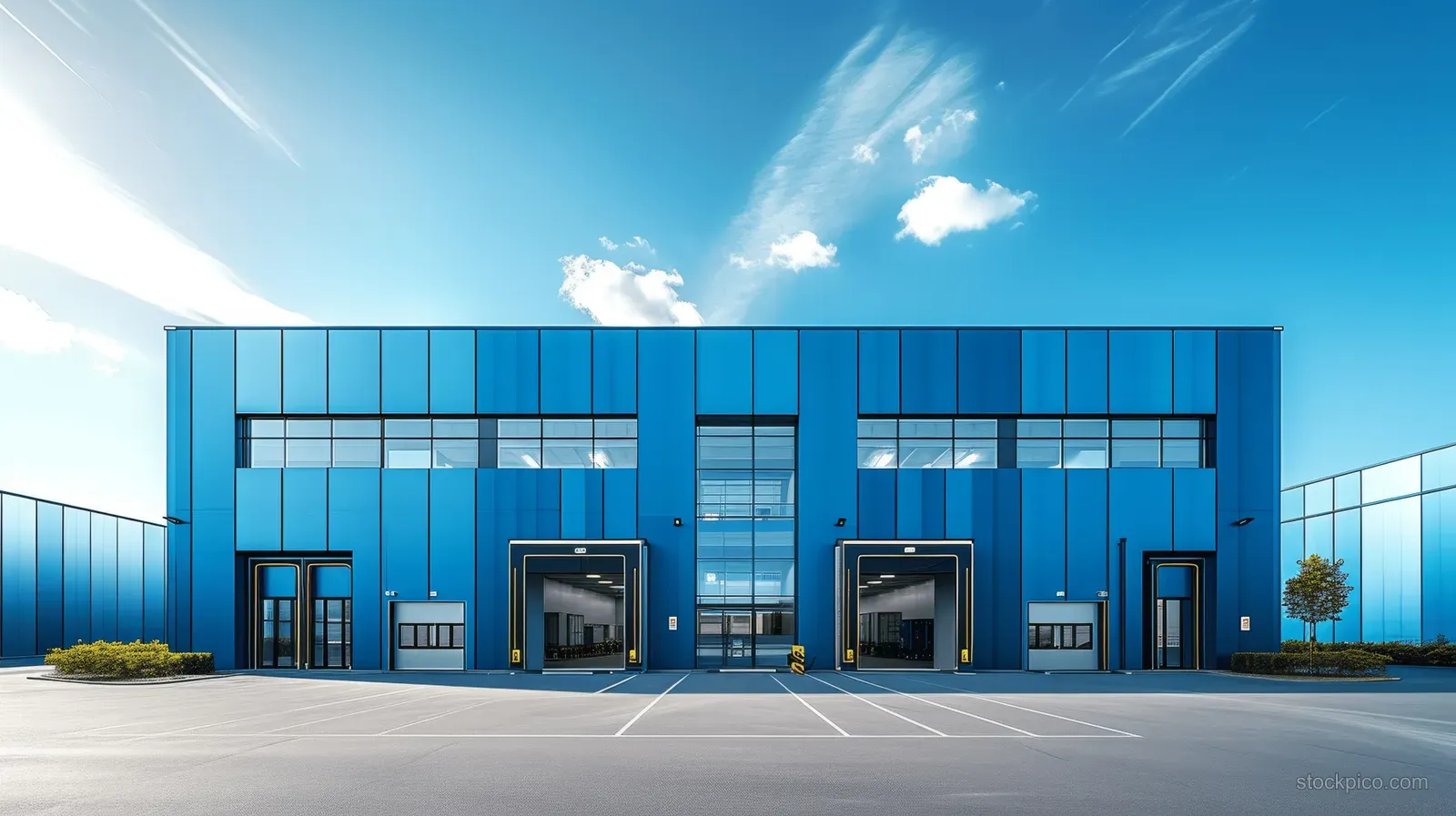 Blue modern warehouse exterior with two open loading doors and an empty parking lot under a sunny sky.