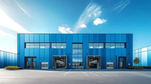 Blue modern warehouse exterior with two open loading doors and an empty parking lot under a sunny sky.