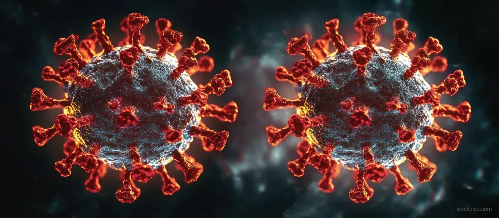 Two glowing 3D coronavirus particles with spike proteins float in a dark, dramatic microscopic scene.