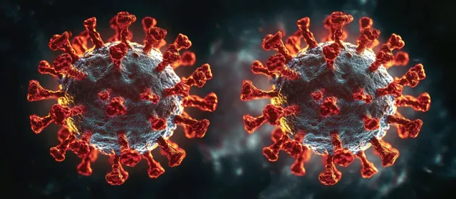 Two glowing 3D coronavirus particles with spike proteins float in a dark, dramatic microscopic scene.