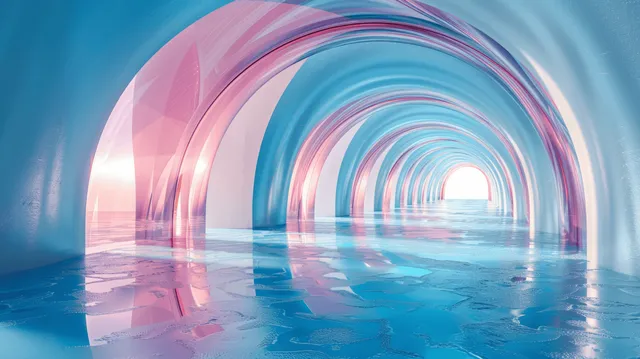 A futuristic hallway of blue and pink archways reflected on a glossy floor under soft light.