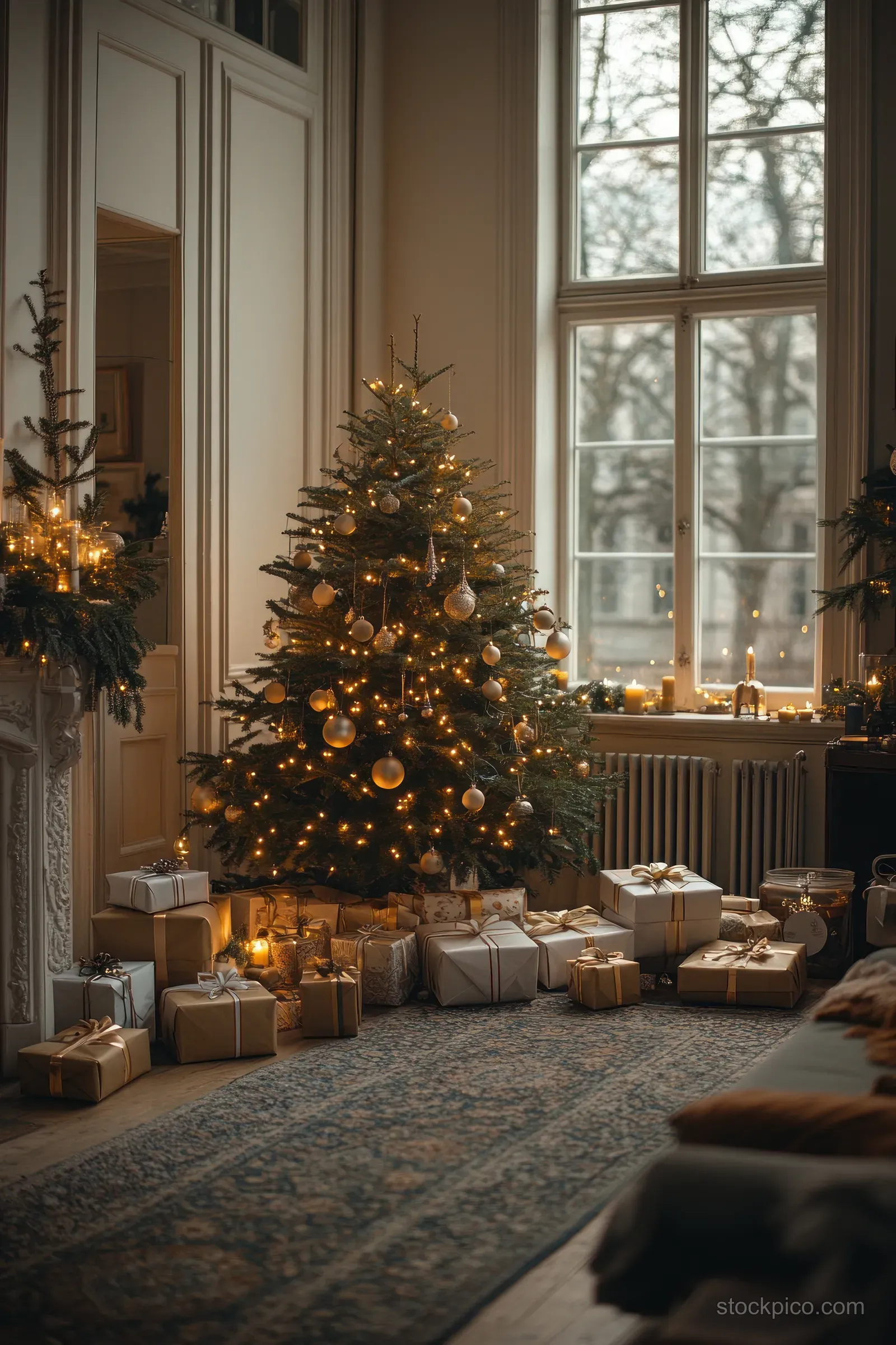 Cozy Christmas living room with a lit decorated tree, wrapped gifts, and warm light from large windows.