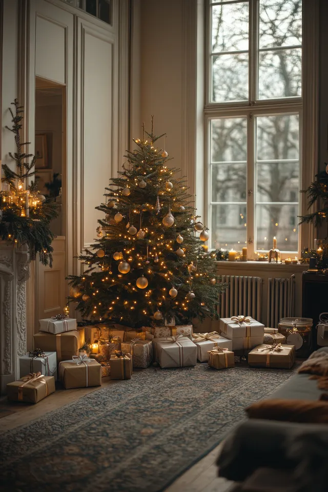 Cozy Christmas living room with a lit decorated tree, wrapped gifts, and warm light from large windows.