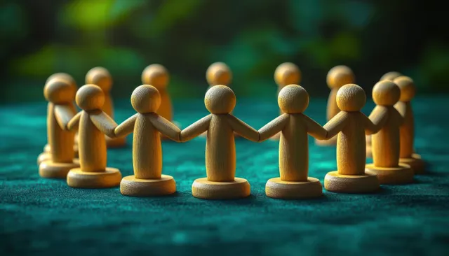 Wooden people figurines holding hands in a circle on a textured green surface.