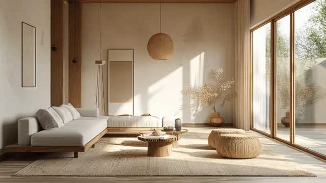 Minimal Japandi living room with beige sofa and armchair, wood table, rug, and warm sunlight streaming from a large window.