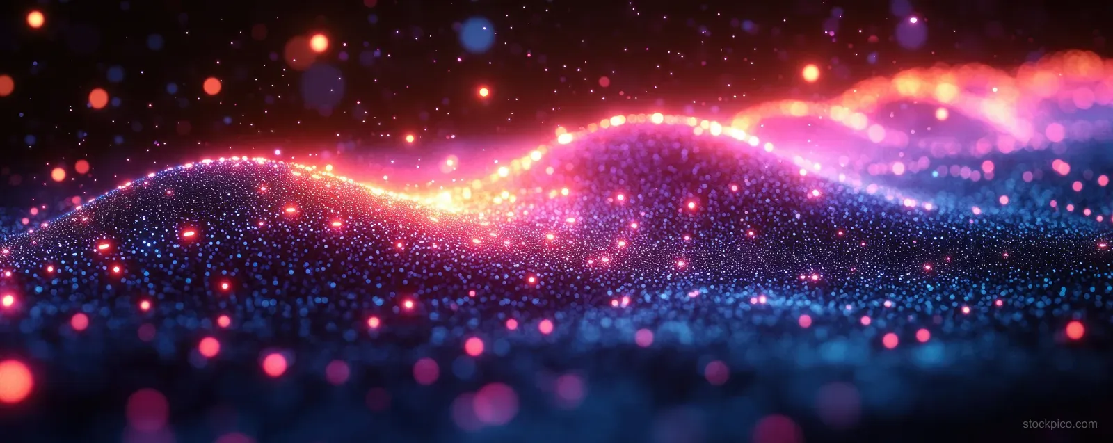 Neon DNA-like helix made of glowing dots with connected nodes and a futuristic digital network background.