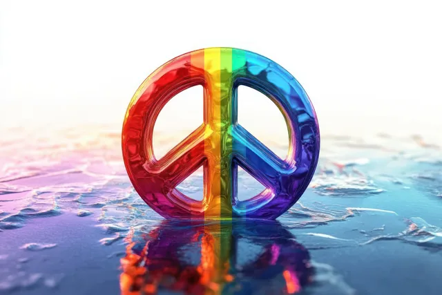 Rainbow translucent peace symbol reflected on rippling wet water under bright light.