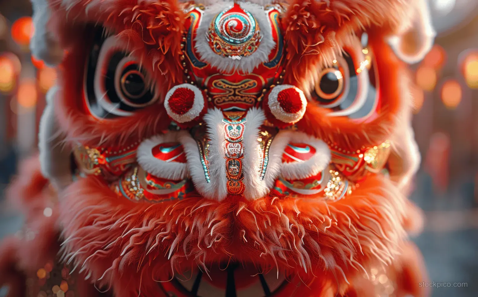Close-up of a Chinese lion dance head with red fur and painted face against a festive red background.