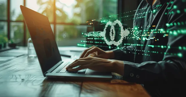 A person types on a laptop with glowing circular green data rings over a clean energy themed background.