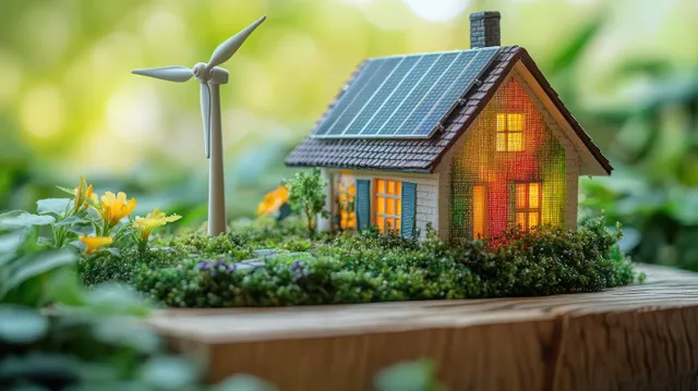 Miniature eco house model with solar panels and a wind turbine in a garden surrounded by yellow flowers and greenery.