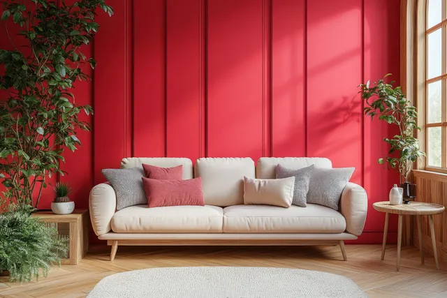 Light beige sofa with pink and white pillows sits in a bright living room against a magenta wall near a window.